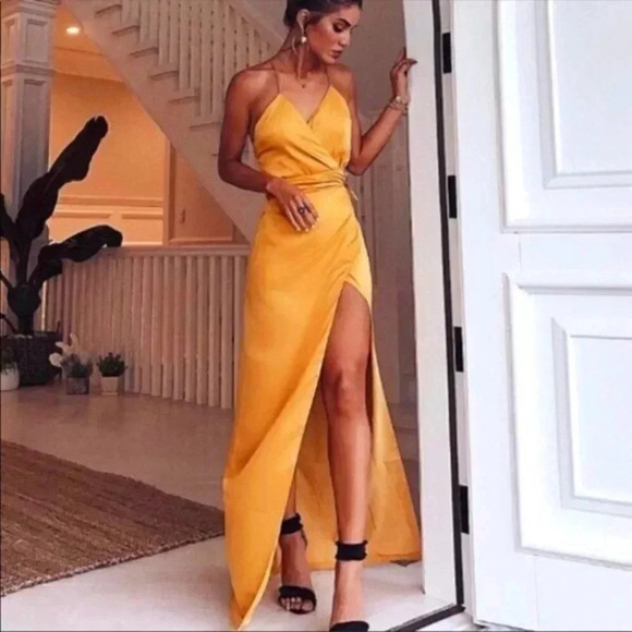 NWT NBD Esperanza Gown in Canary Orange Cupro Rayon Wrap Cross Dress Size: Small - Picture 1 of 6